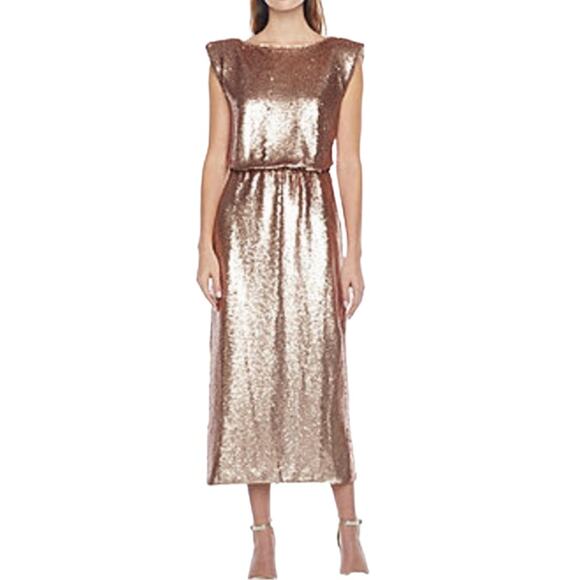 New Ryegrass Women's Rose Gold Sleeveless Padded Sequin Midi Dress Size M - Picture 1 of 8